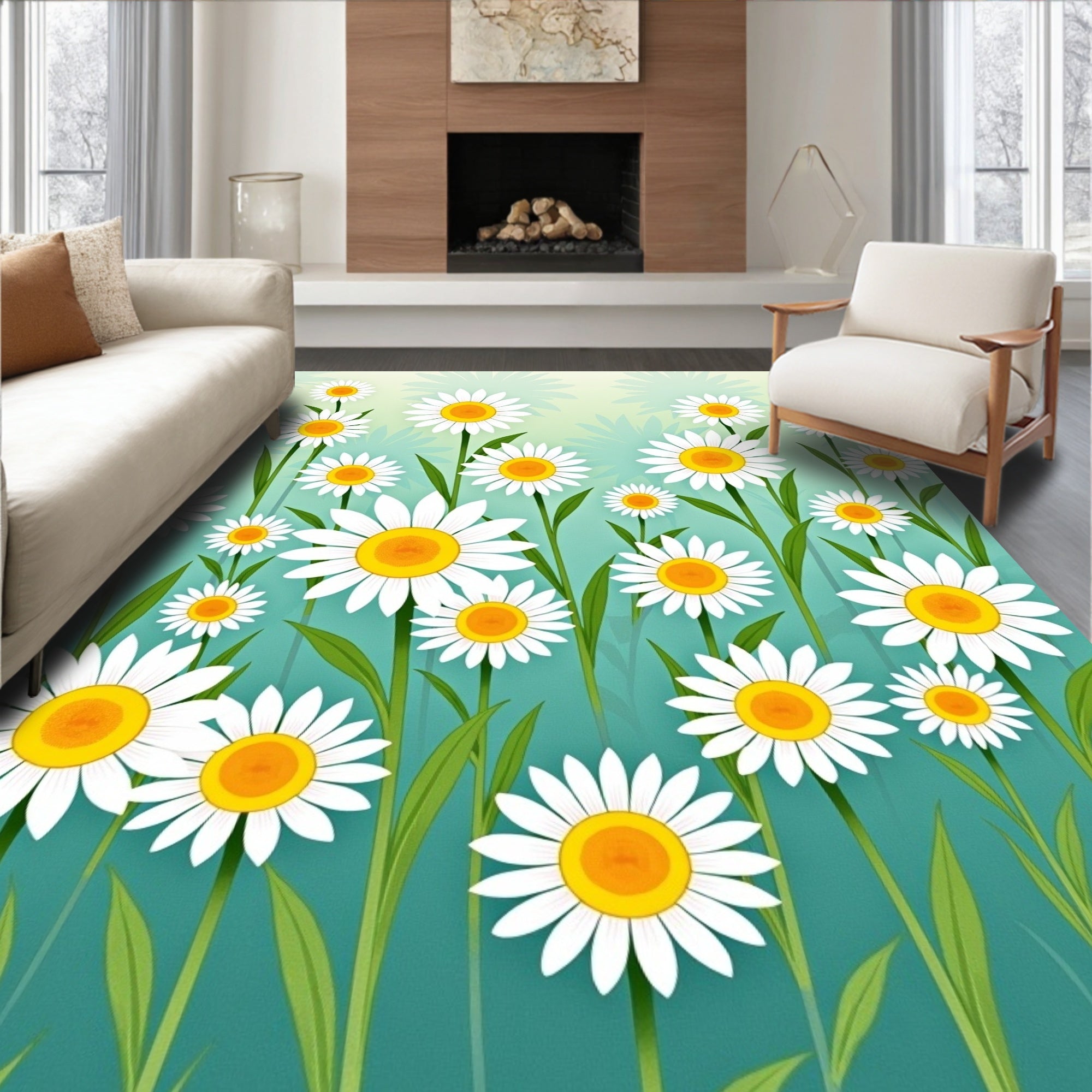 Whimsical White Daisy Garden Rug