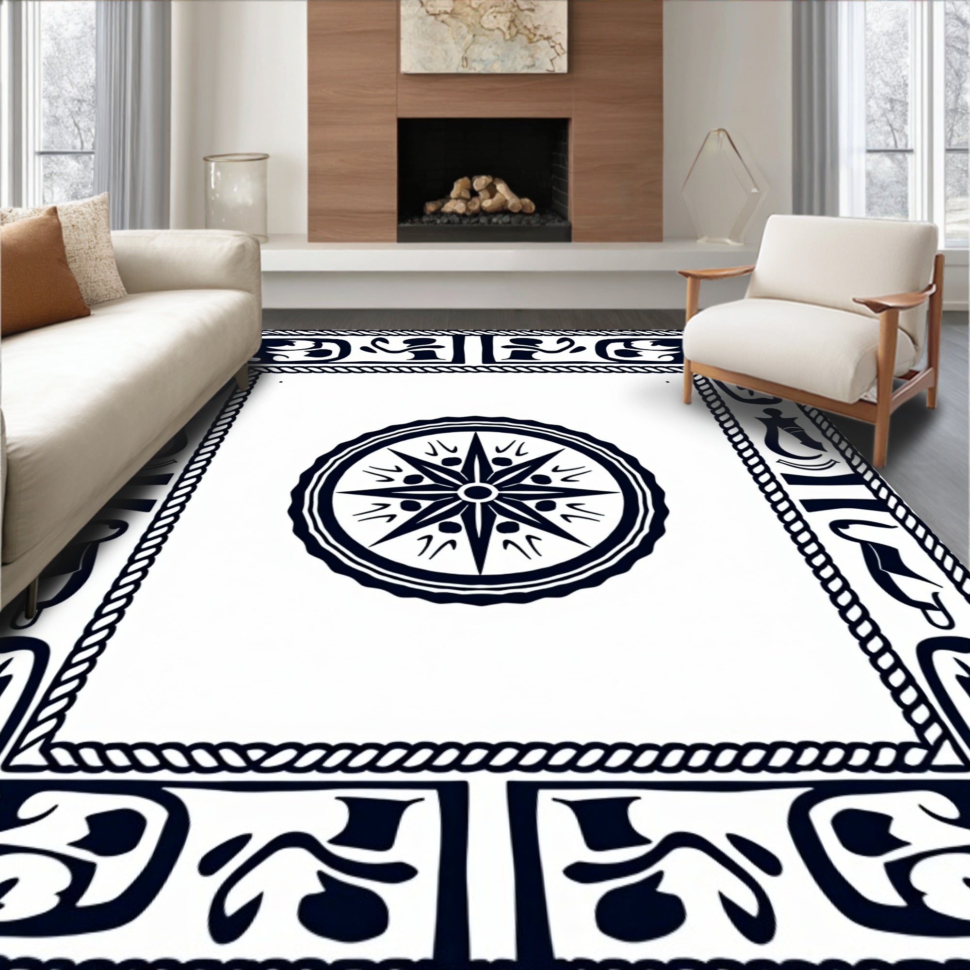 Black And White Compass Medallion Frame Rug