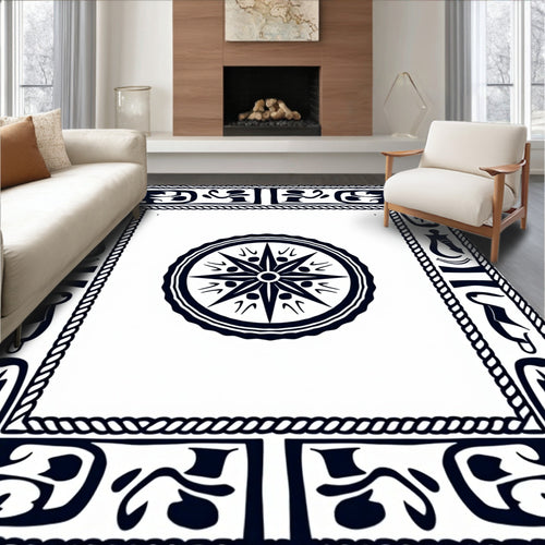 Black And White Compass Medallion Frame Rug