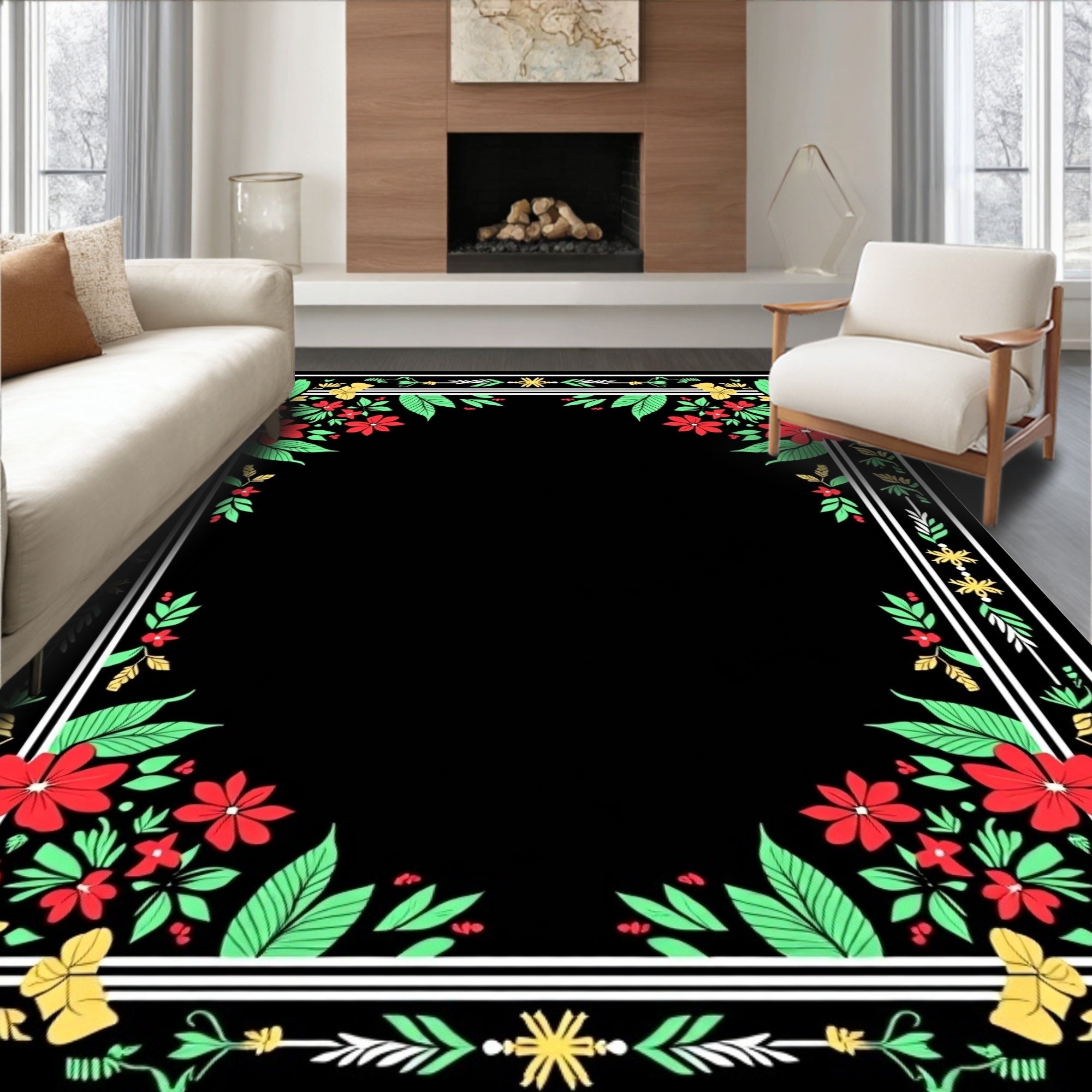 Crimson Floral Garden Border Rug