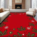 Festive Red Green Leaf Snowfall Frame Rug