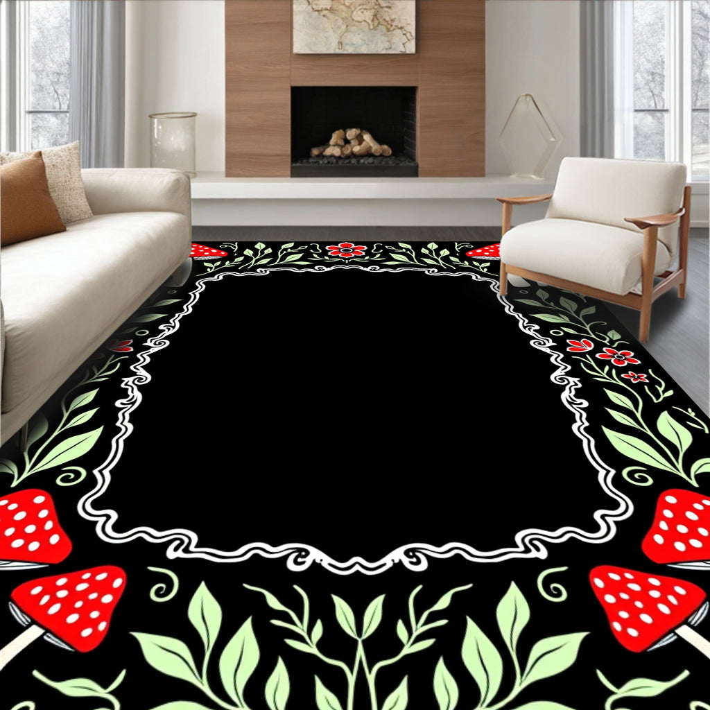 Whimsical Red Mushroom Foliage Border Rug