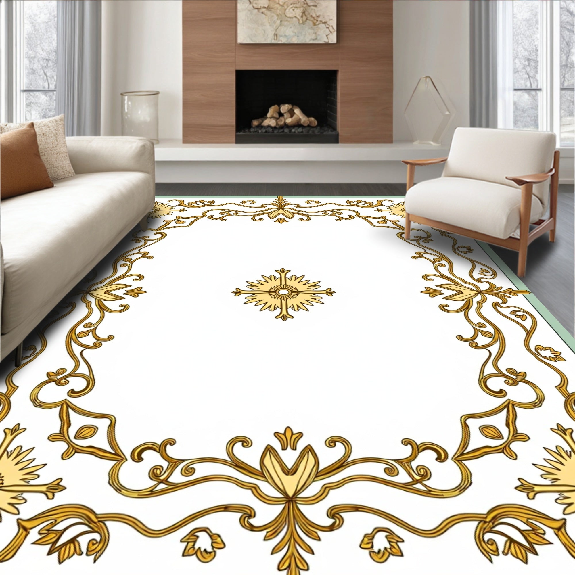 Golden Floral Scrollwork Medallion Border Rug