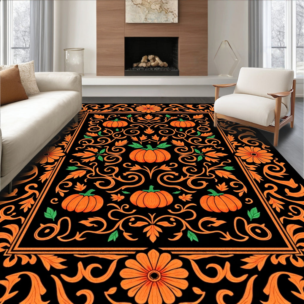Orange Pumpkin Floral Scrollwork Rectangle Rug