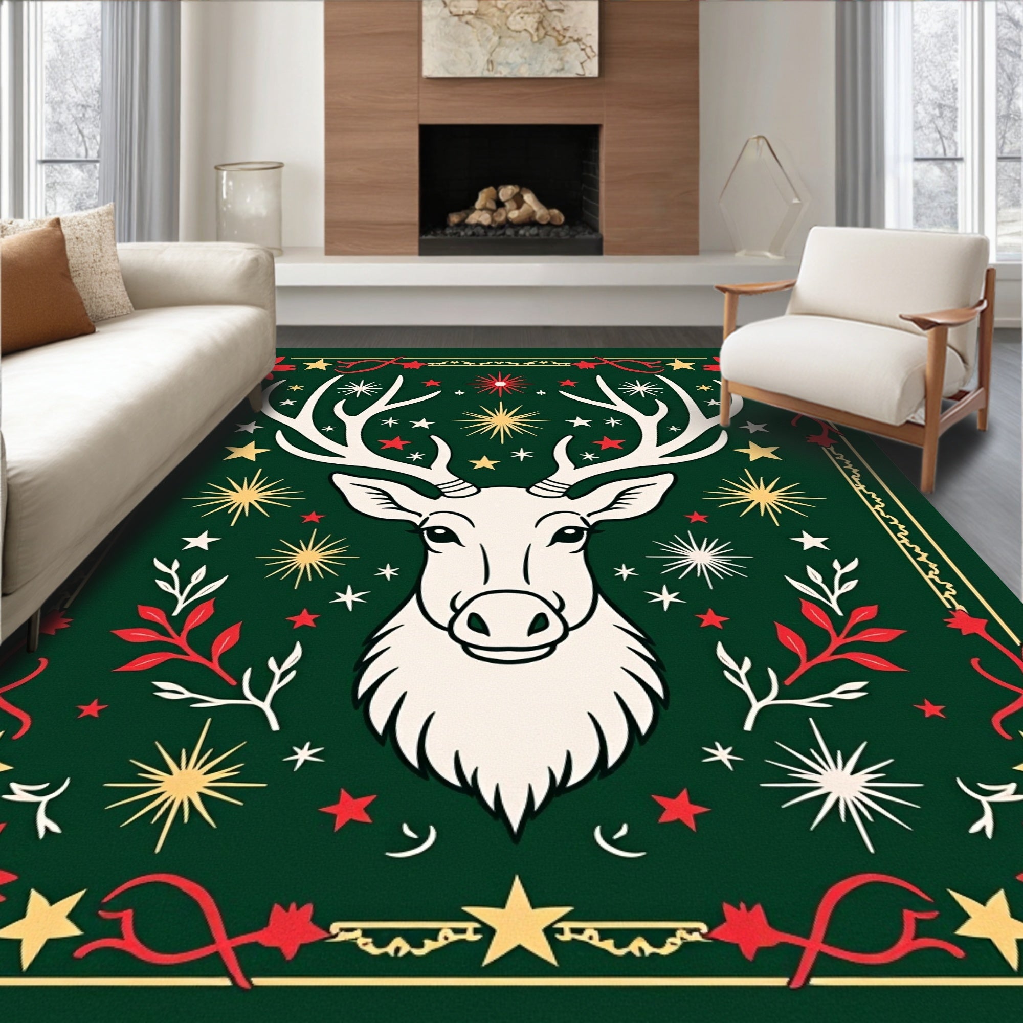 Festive Deer Red Floral Starburst Rug