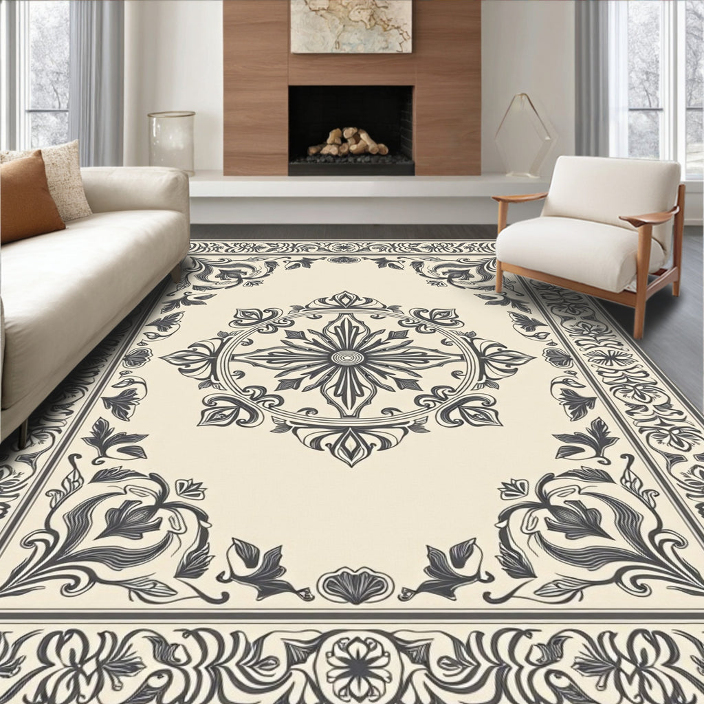 Ornate Beige Floral Centerpiece Border Rug