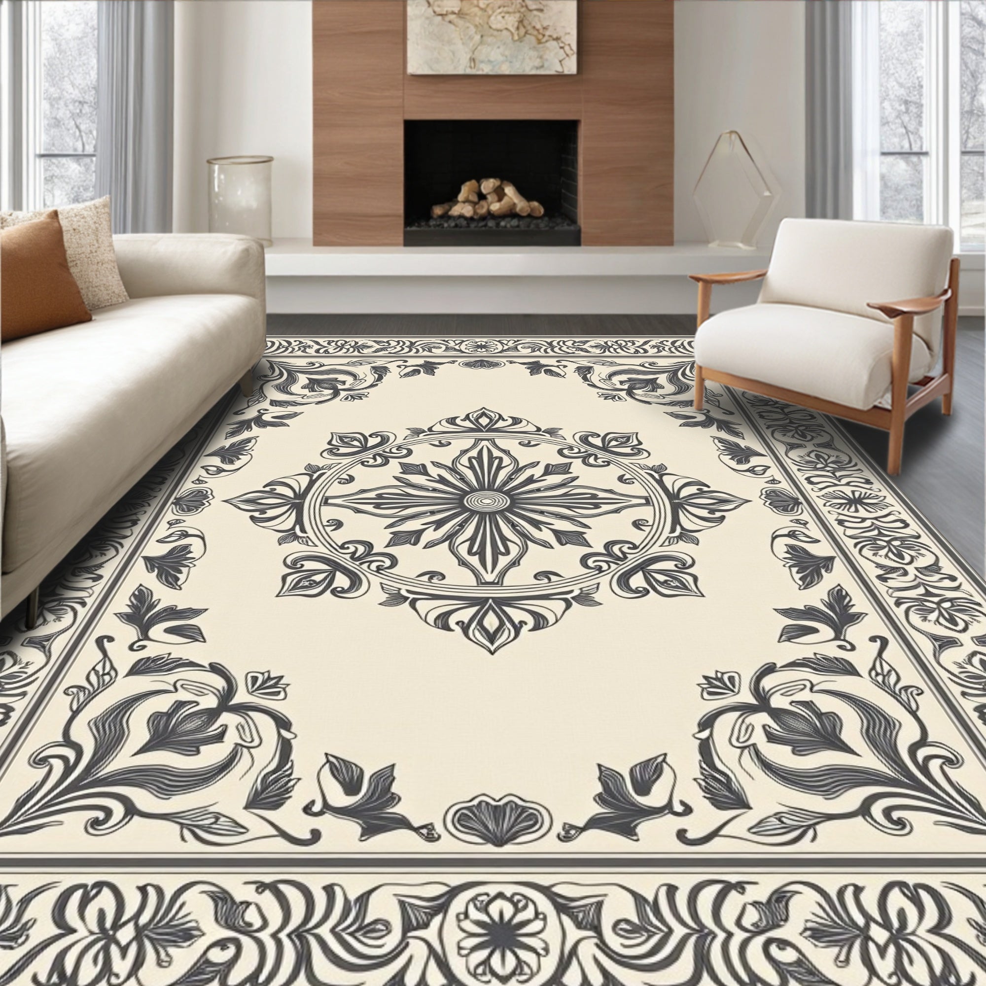 Ornate Beige Floral Centerpiece Border Rug