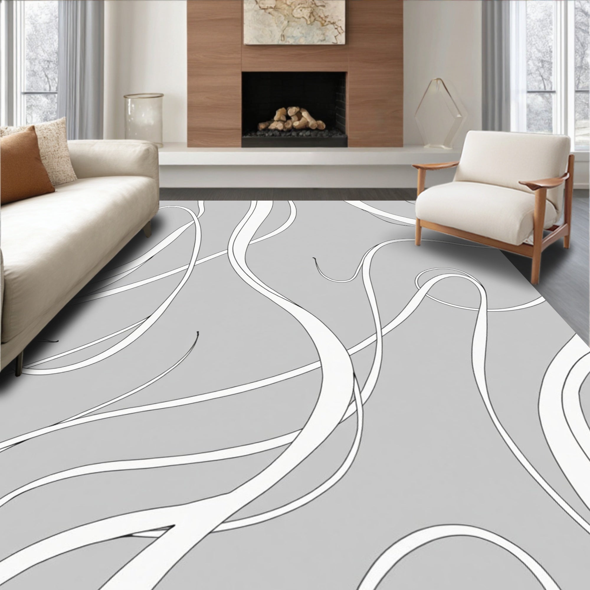 Modern Gray Woven Ribbon Swirl Rug