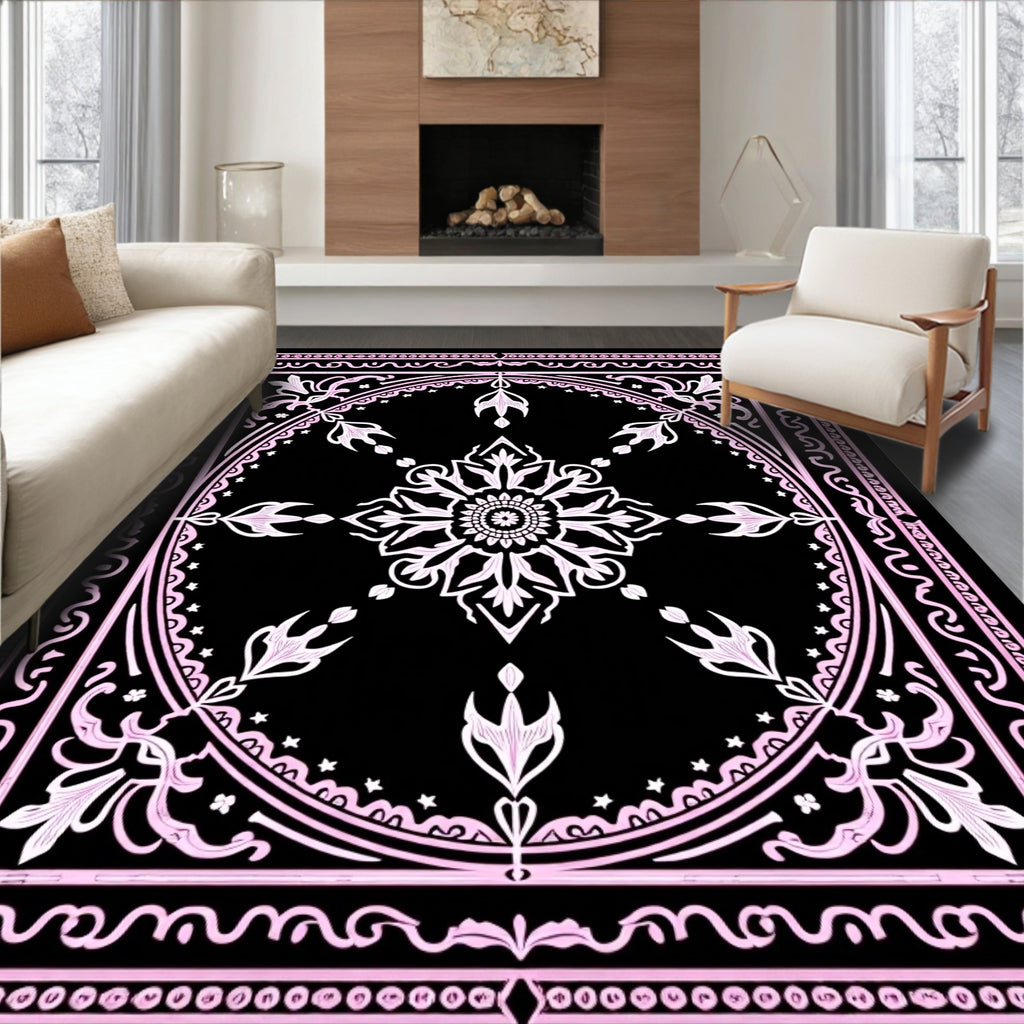 Pink Ornate Floral Mandala Black Rug