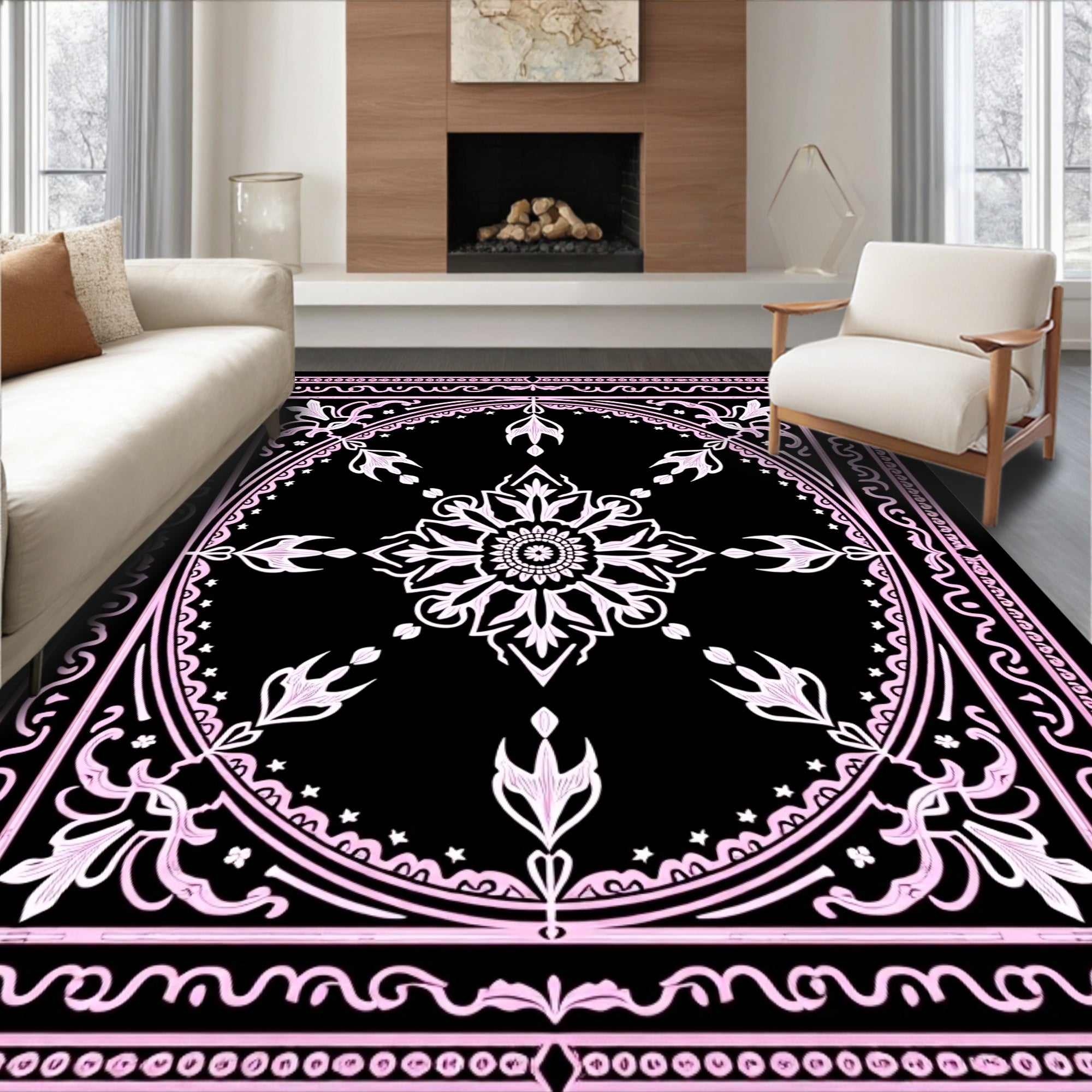 Pink Ornate Floral Mandala Black Rug