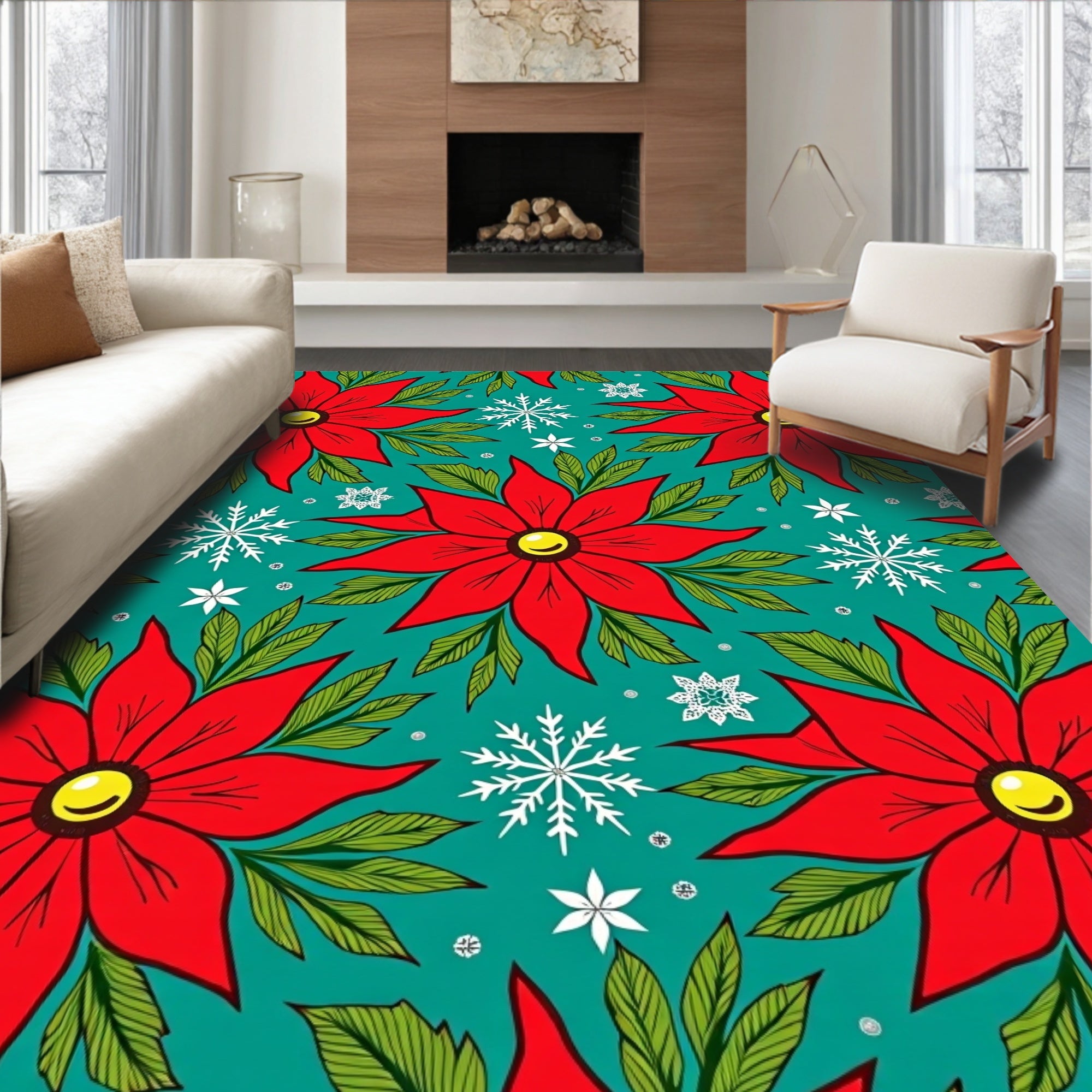 Festive Red Poinsettia Snowflakes Teal Rug