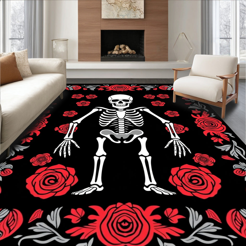Skeleton Red Rose Border Art Rug