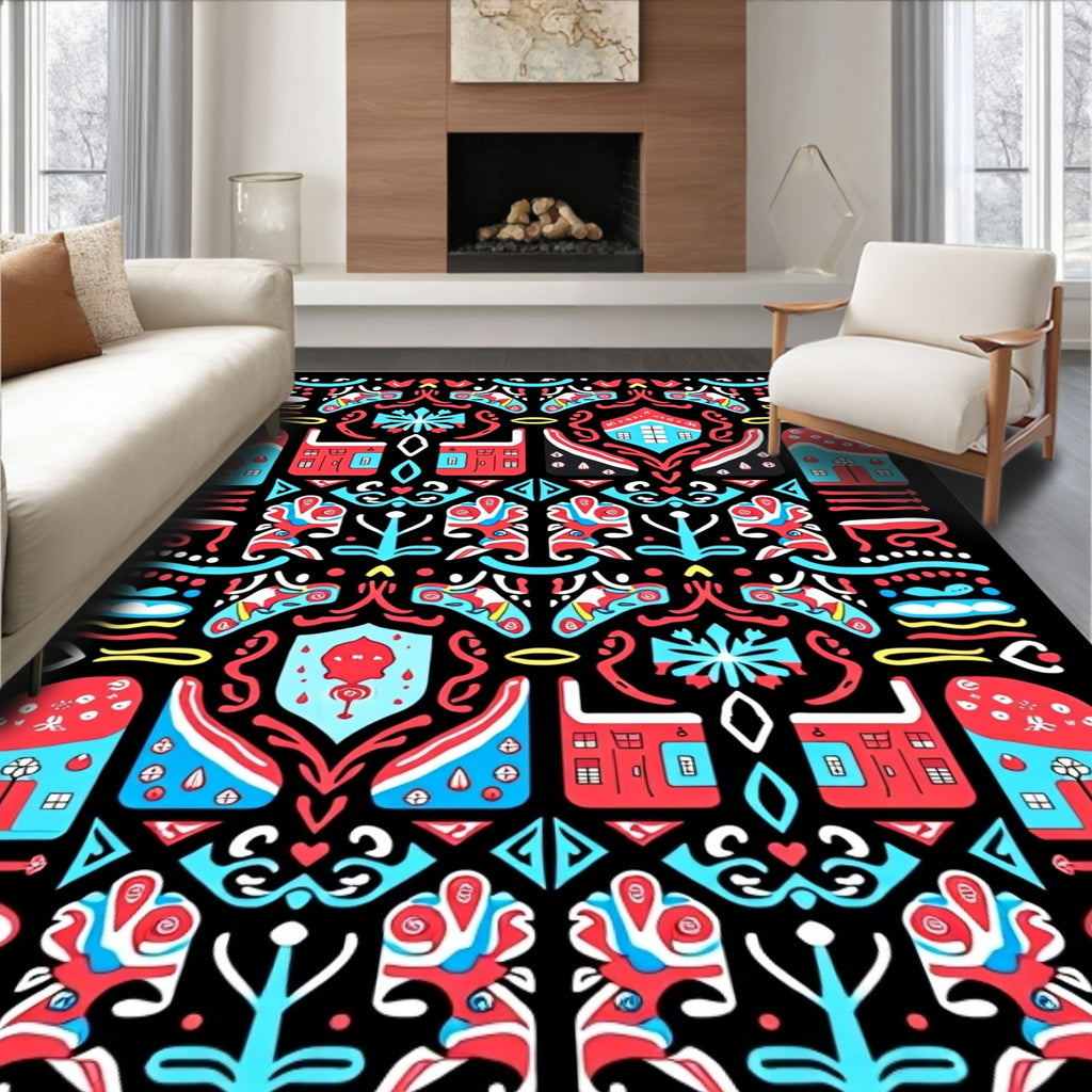 Whimsical Red Blue Houses Symmetry Rug