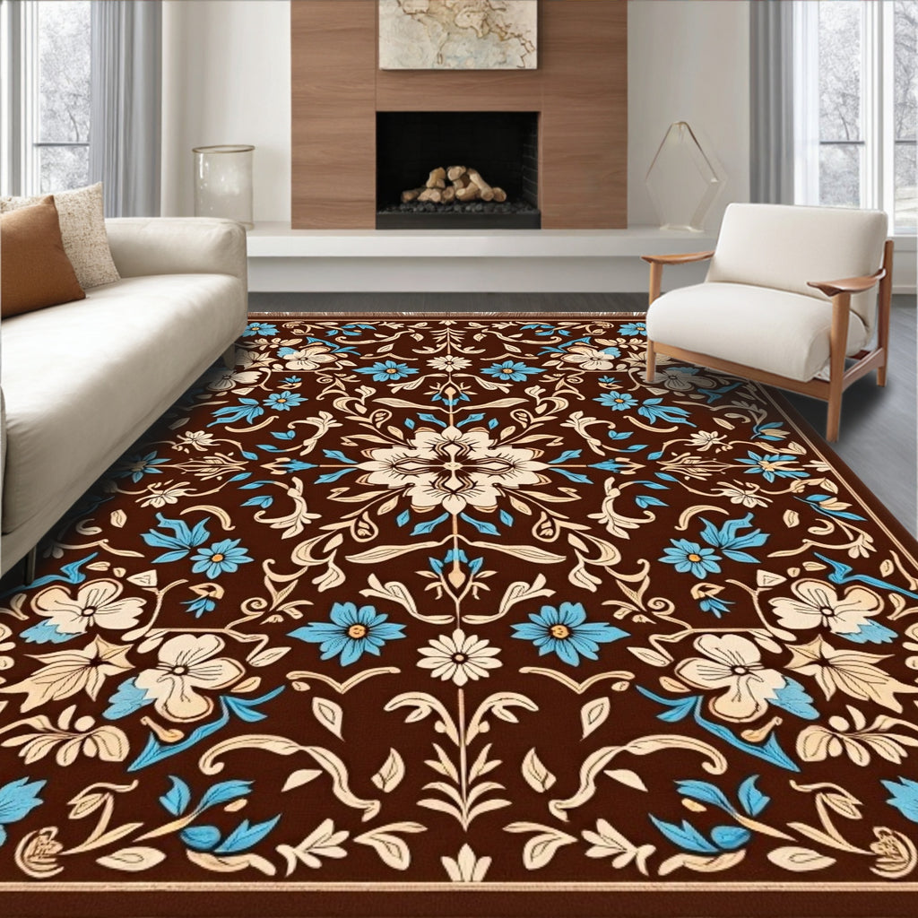 Brown Cream Blue Floral Medallion Rug