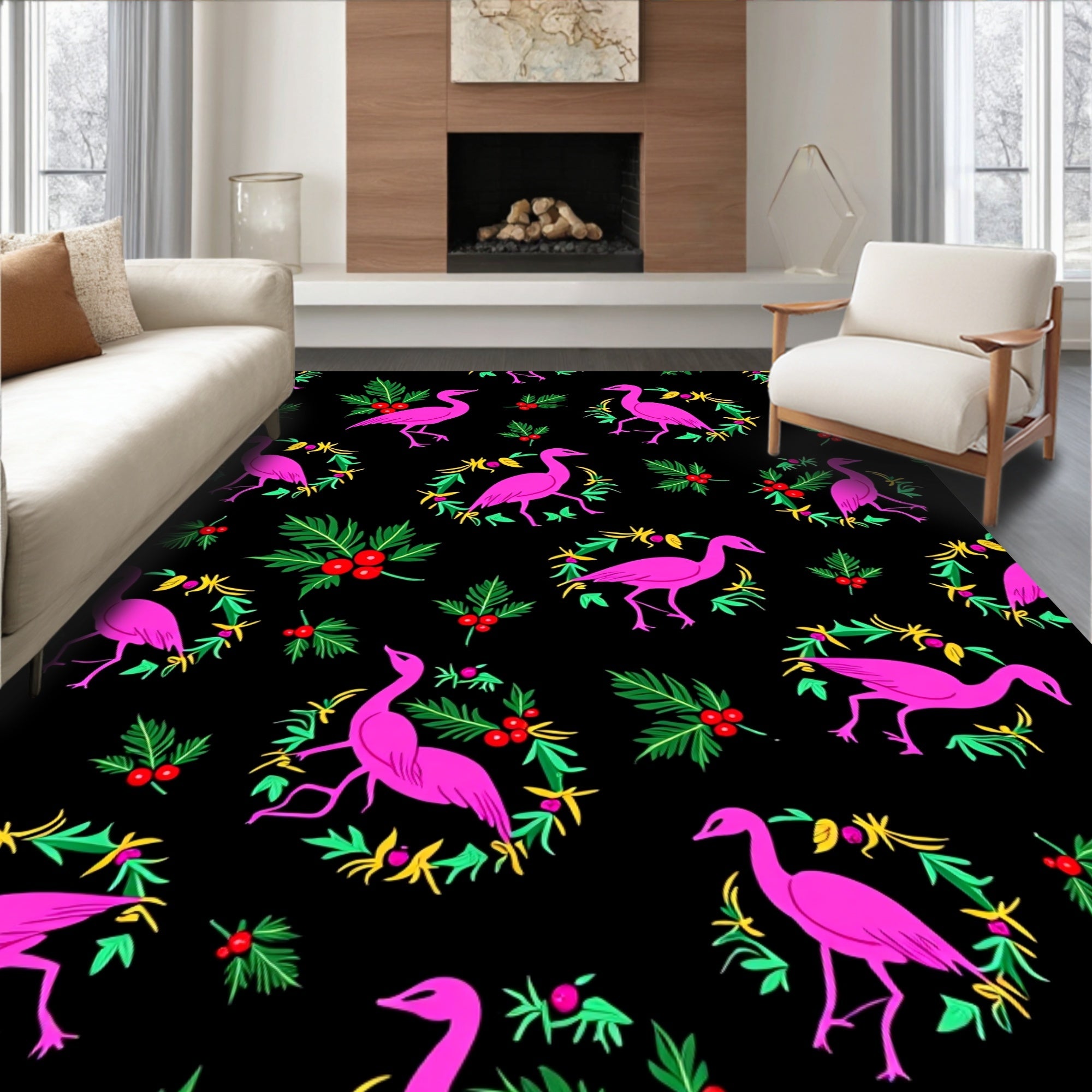Bright Pink Crane Holly Wreath Rug