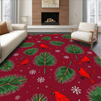 Red Cardinal Green Pine Snowflake Background Rug
