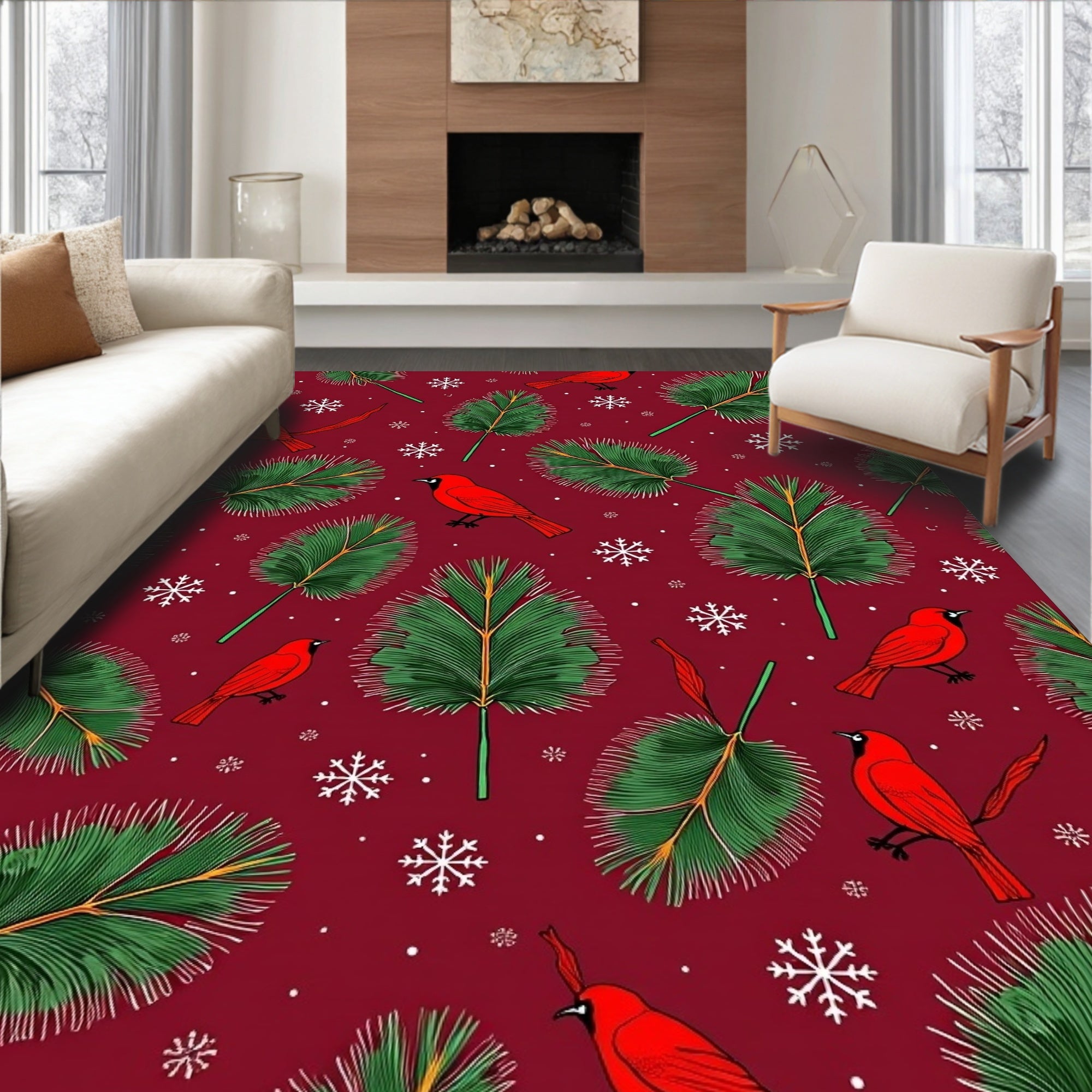 Red Cardinal Green Pine Snowflake Background Rug