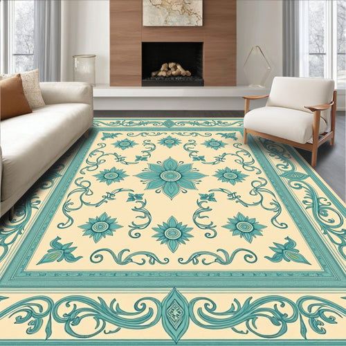 Aqua Cream Floral Scroll Border Rug