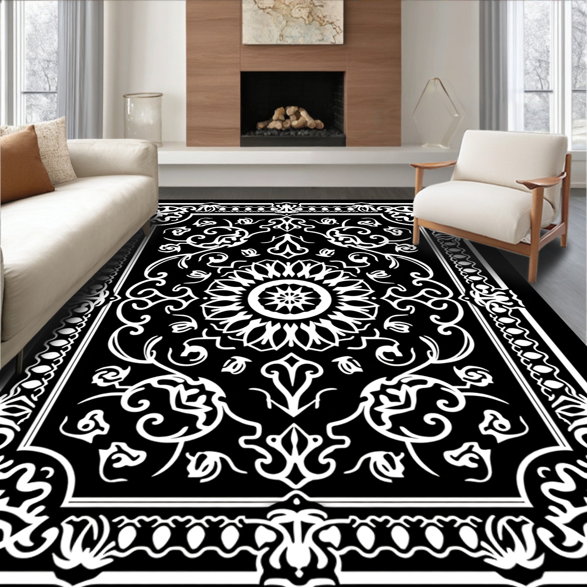 Monochromatic Floral Medallion Border Rug