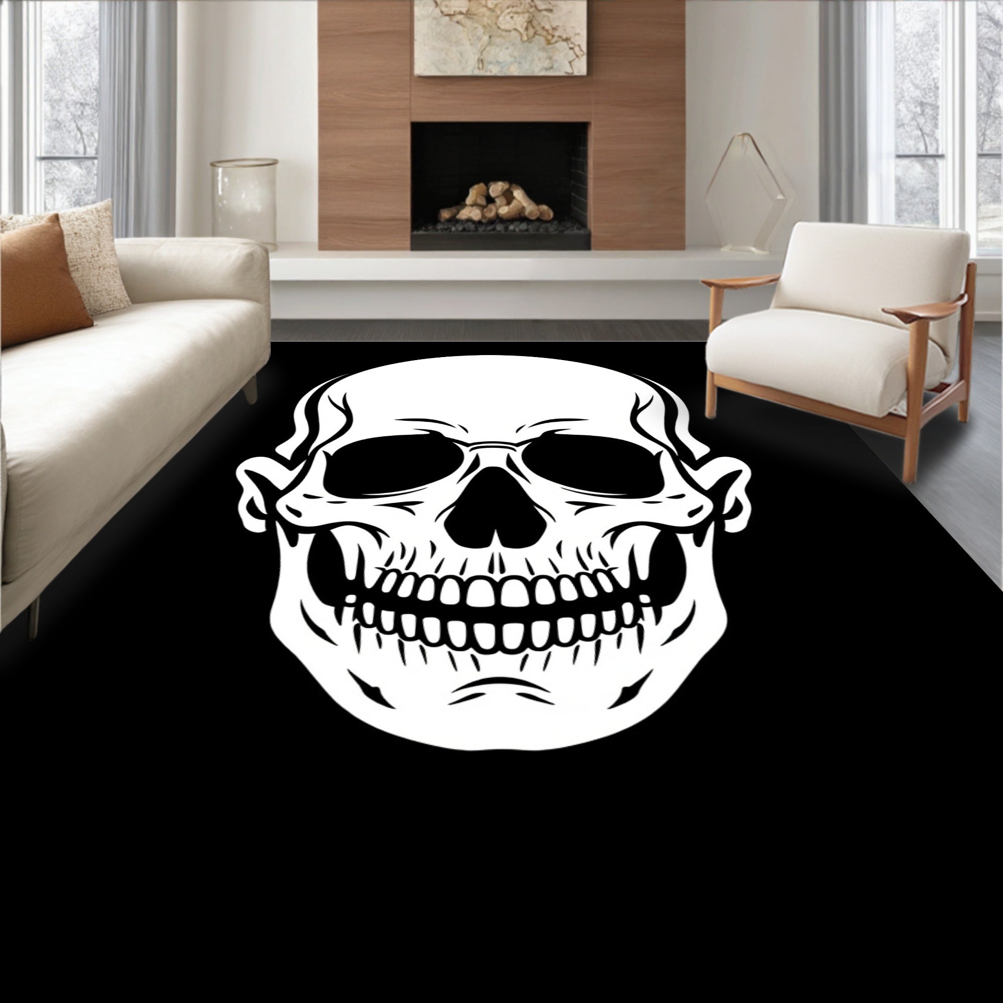 Bold White Skull Black Background Rug