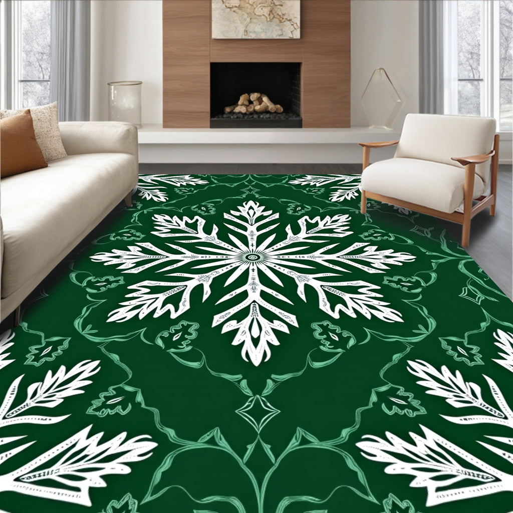 Deep Emerald White Snowflake Mandala Rug