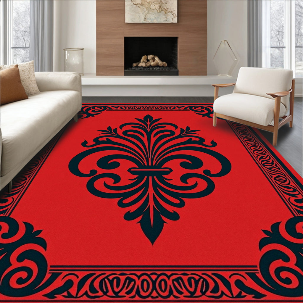 Monochromatic Red Fleur-de-lis Border Rug