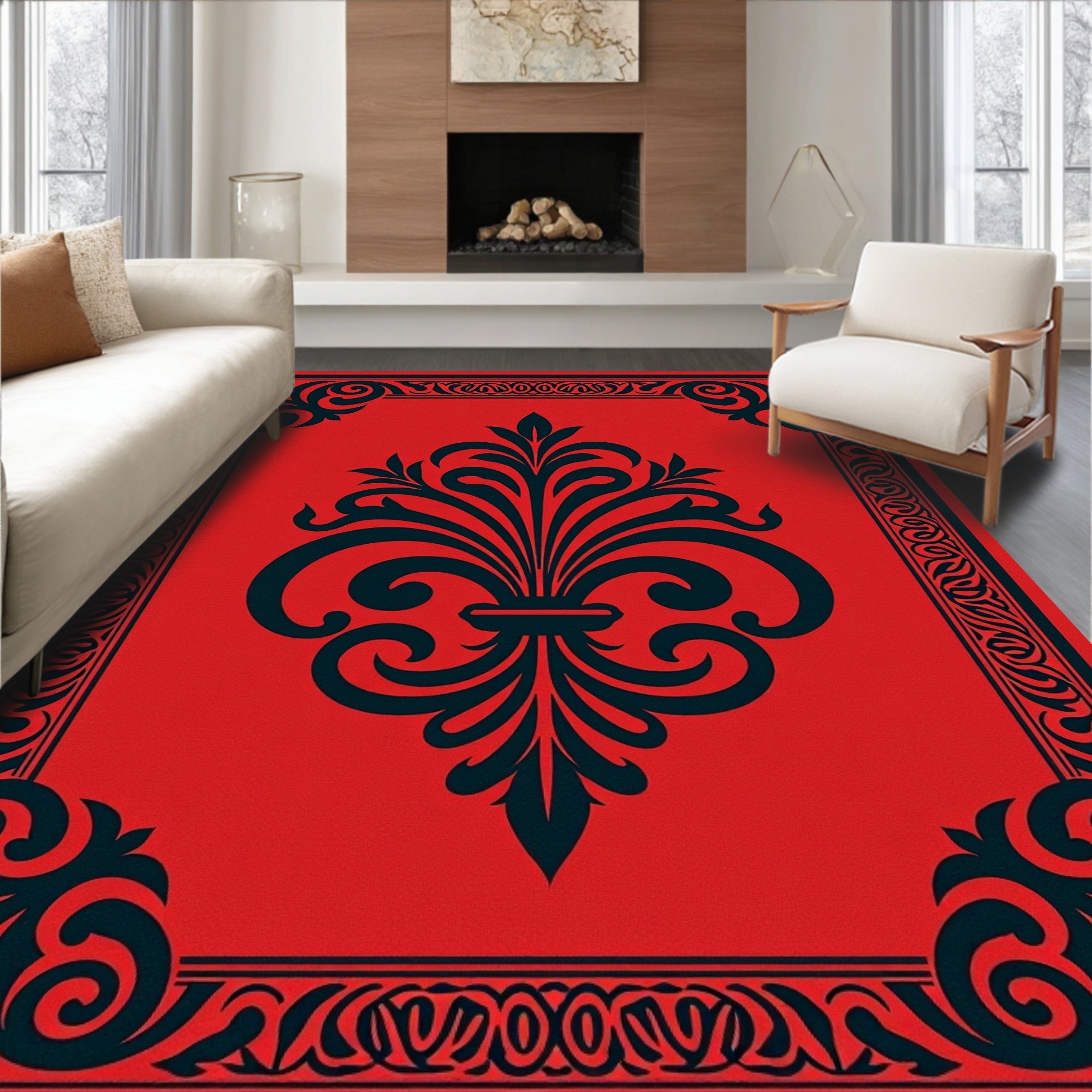 Monochromatic Red Fleur-de-lis Border Rug