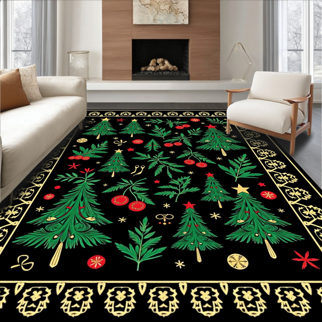 Green Christmas Trees Red Berries Border Rug
