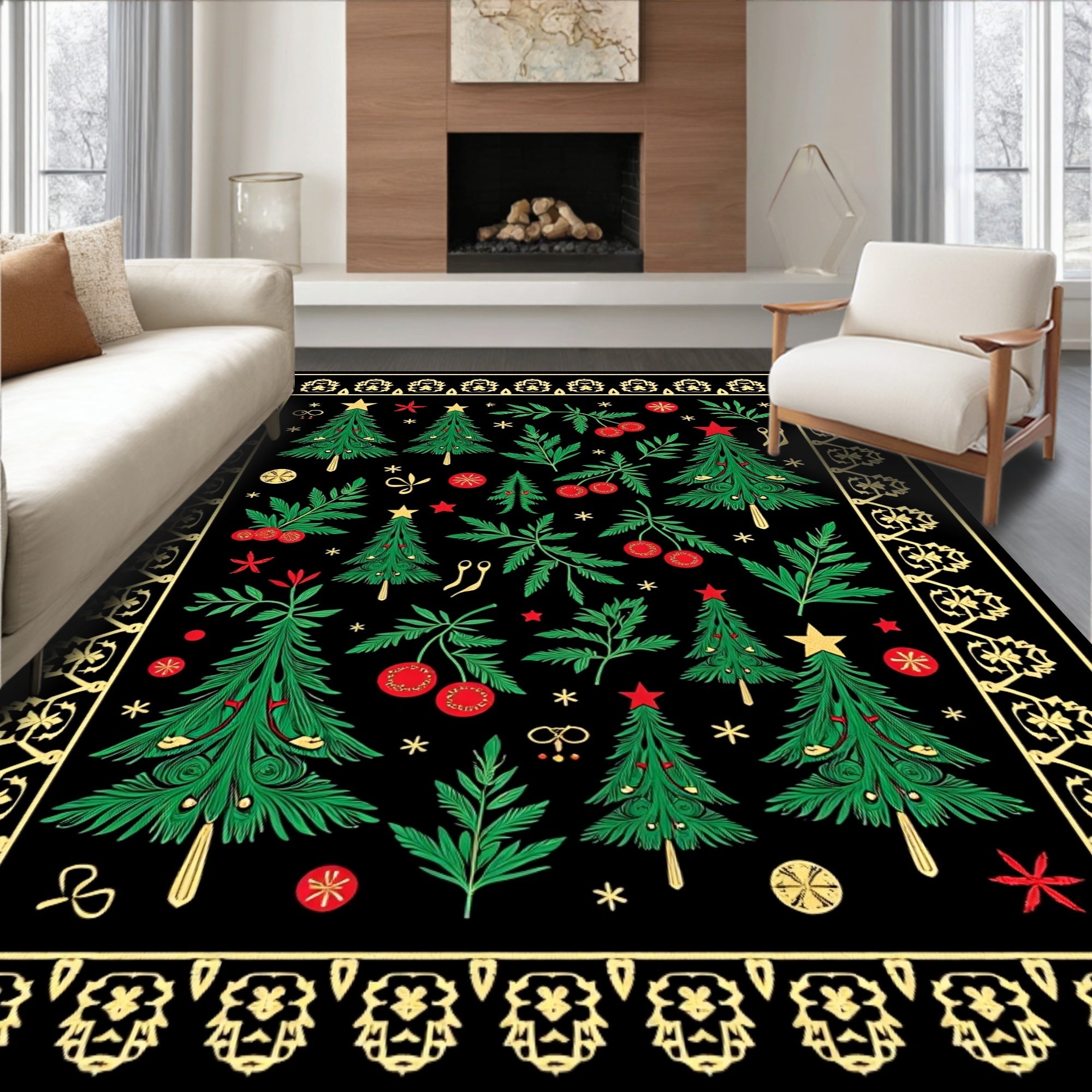 Green Christmas Trees Red Berries Border Rug