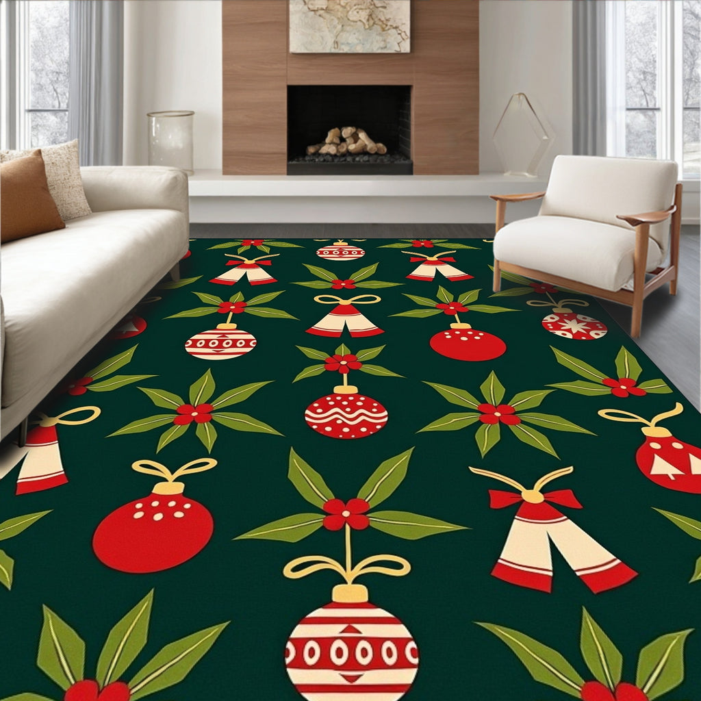 Red Green Festive Holiday Ornaments Rug