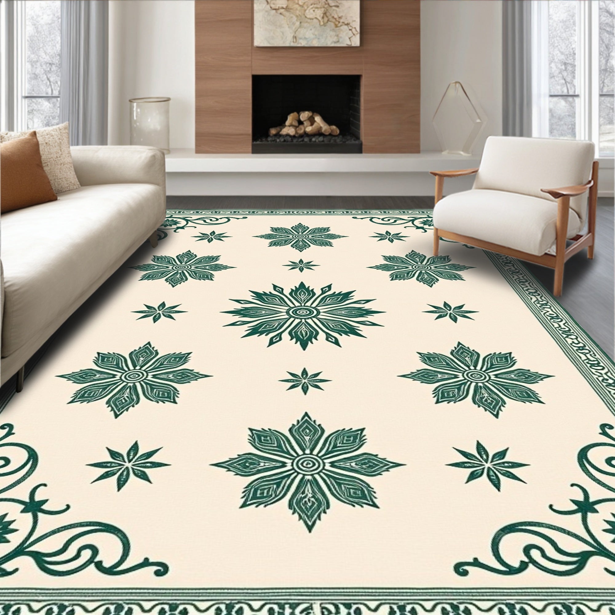 Elegant Emerald Floral Border Rug