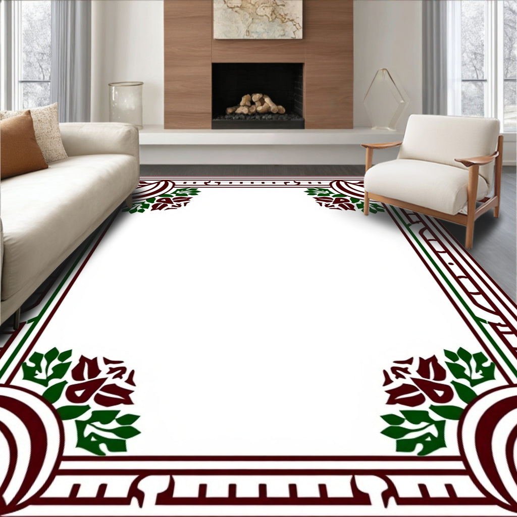 Maroon Dark Green Floral Art Deco Rug