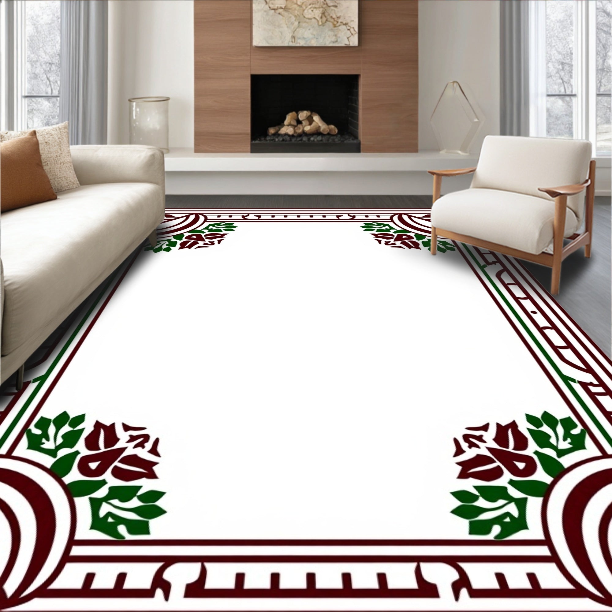 Maroon Dark Green Floral Art Deco Rug