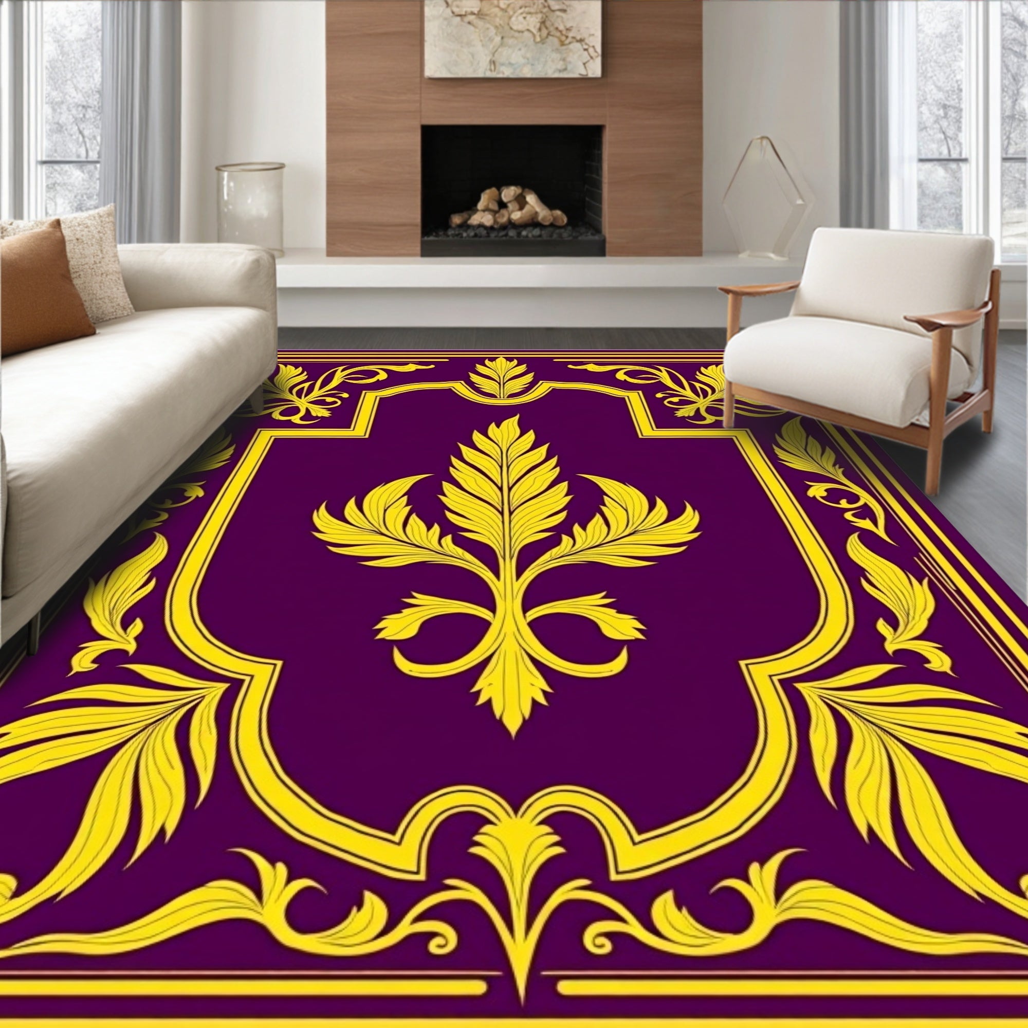 Rich Plum Yellow Leafy Frame Rug