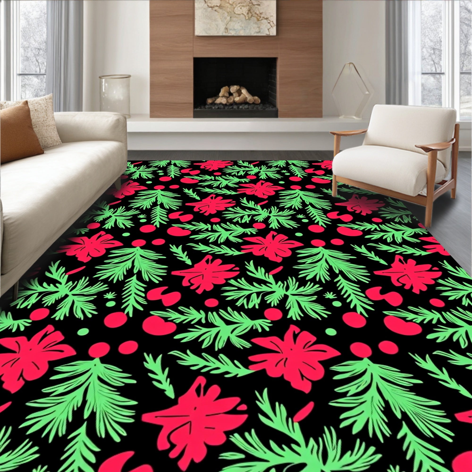 Whimsical Red Green Floral Evergreen Rug