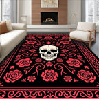 Crimson Skull and Rose Floral Border Rug