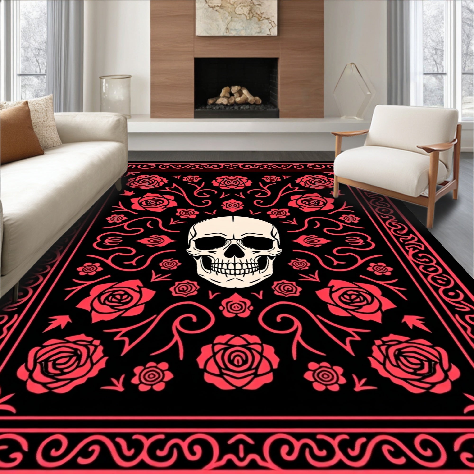 Crimson Skull and Rose Floral Border Rug
