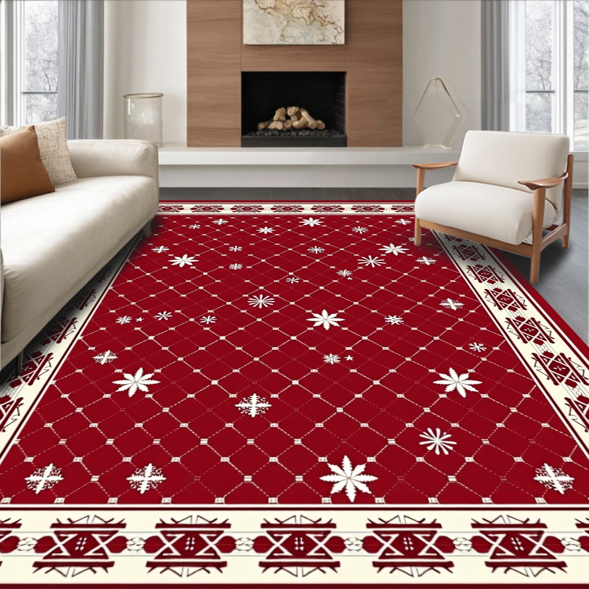 Crimson Snowflakes Lattice Border Rug