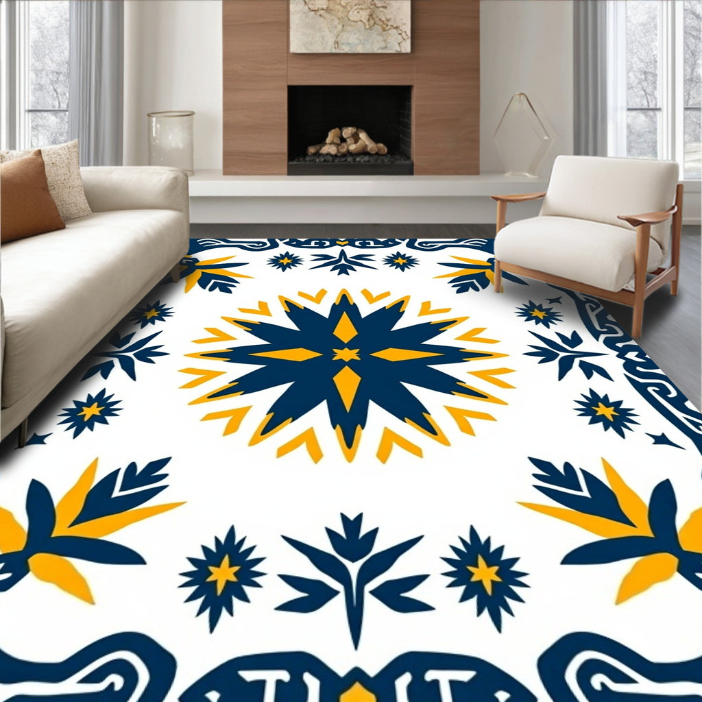 Navy Yellow Starburst Frame Rug