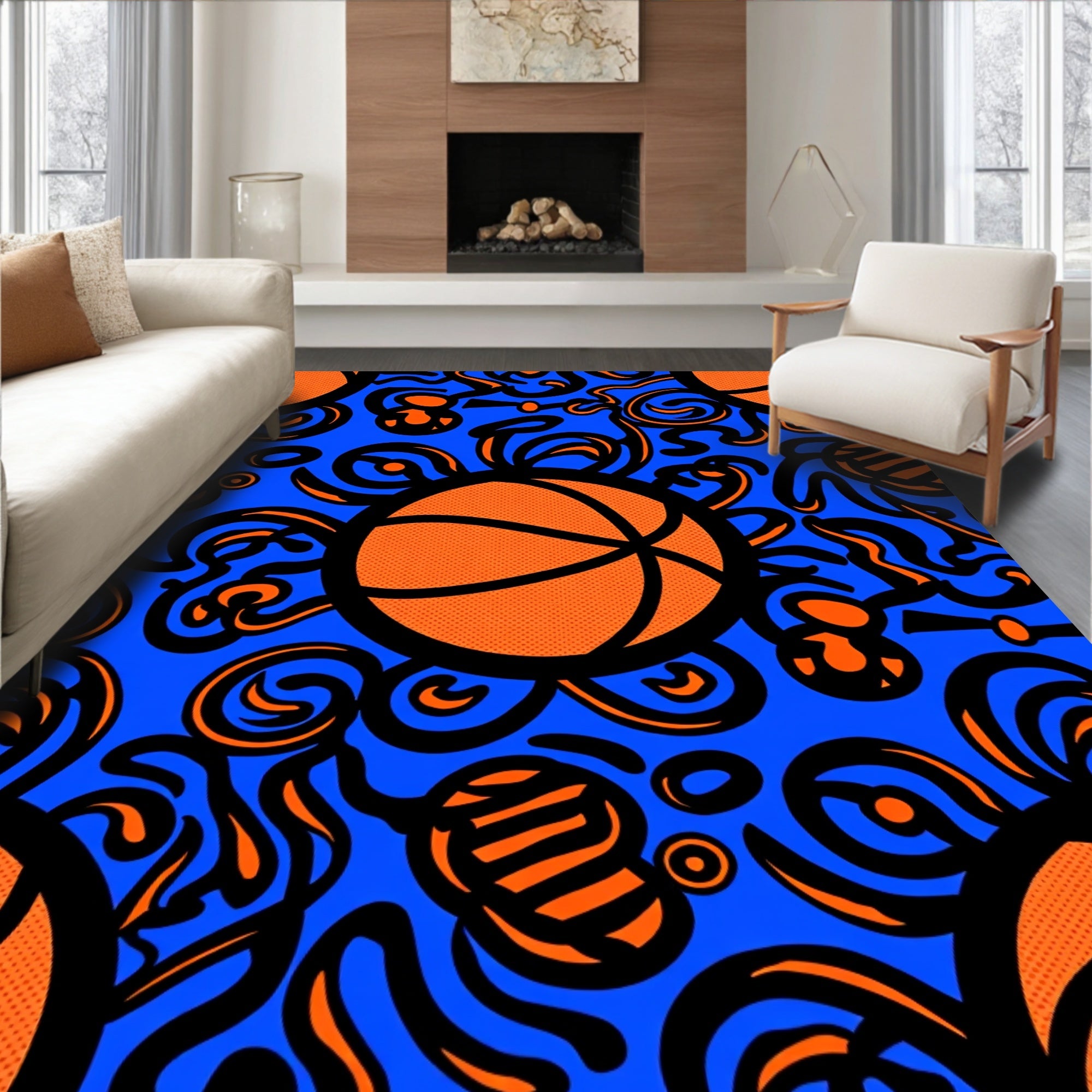 Vibrant Orange Basketball Swirls Rug