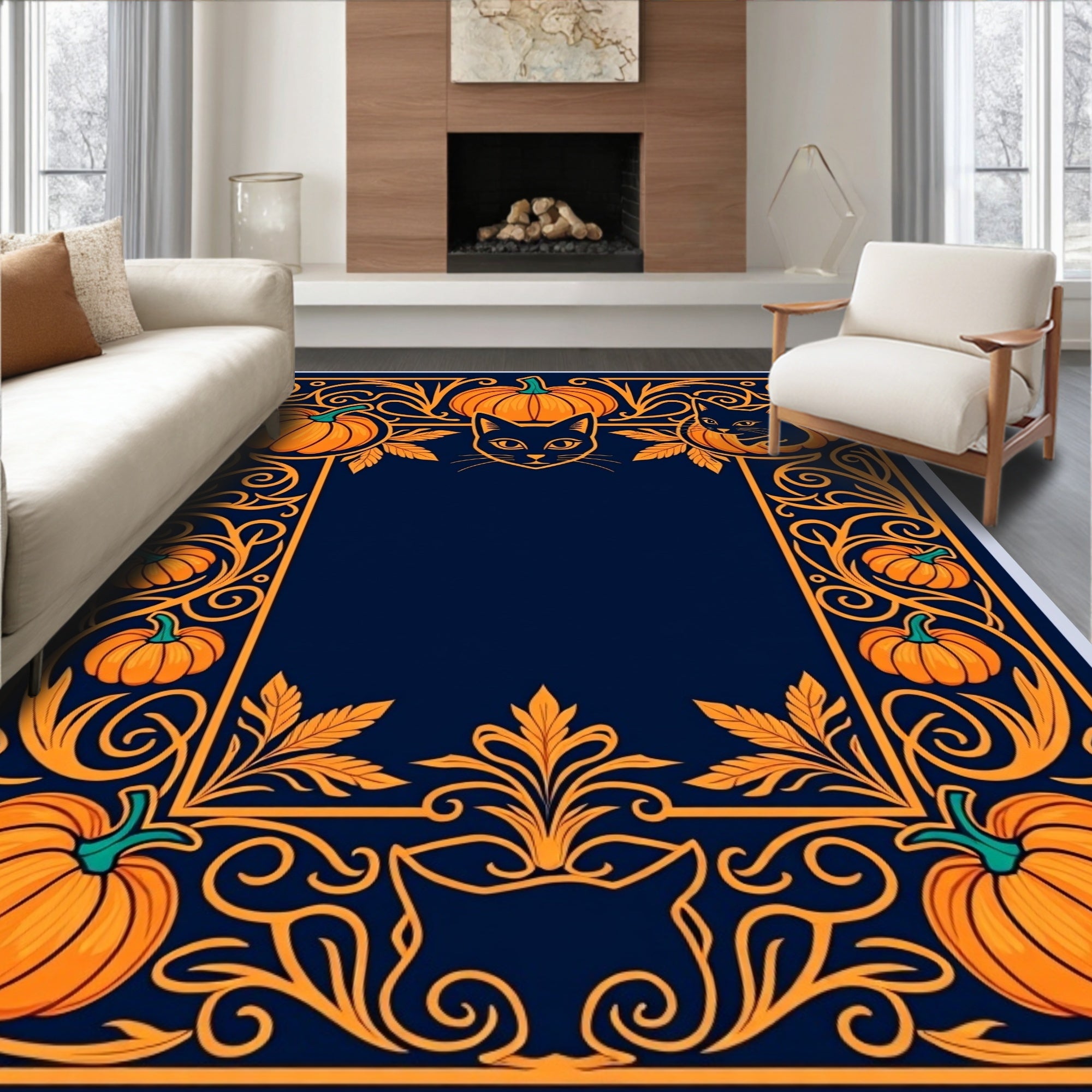 Orange Pumpkin Black Cat Border Rug