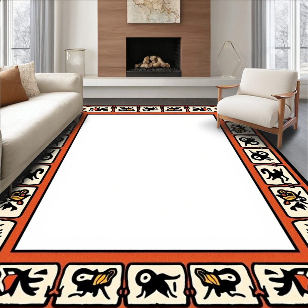 Bold Orange Tribal Creatures Border Rug