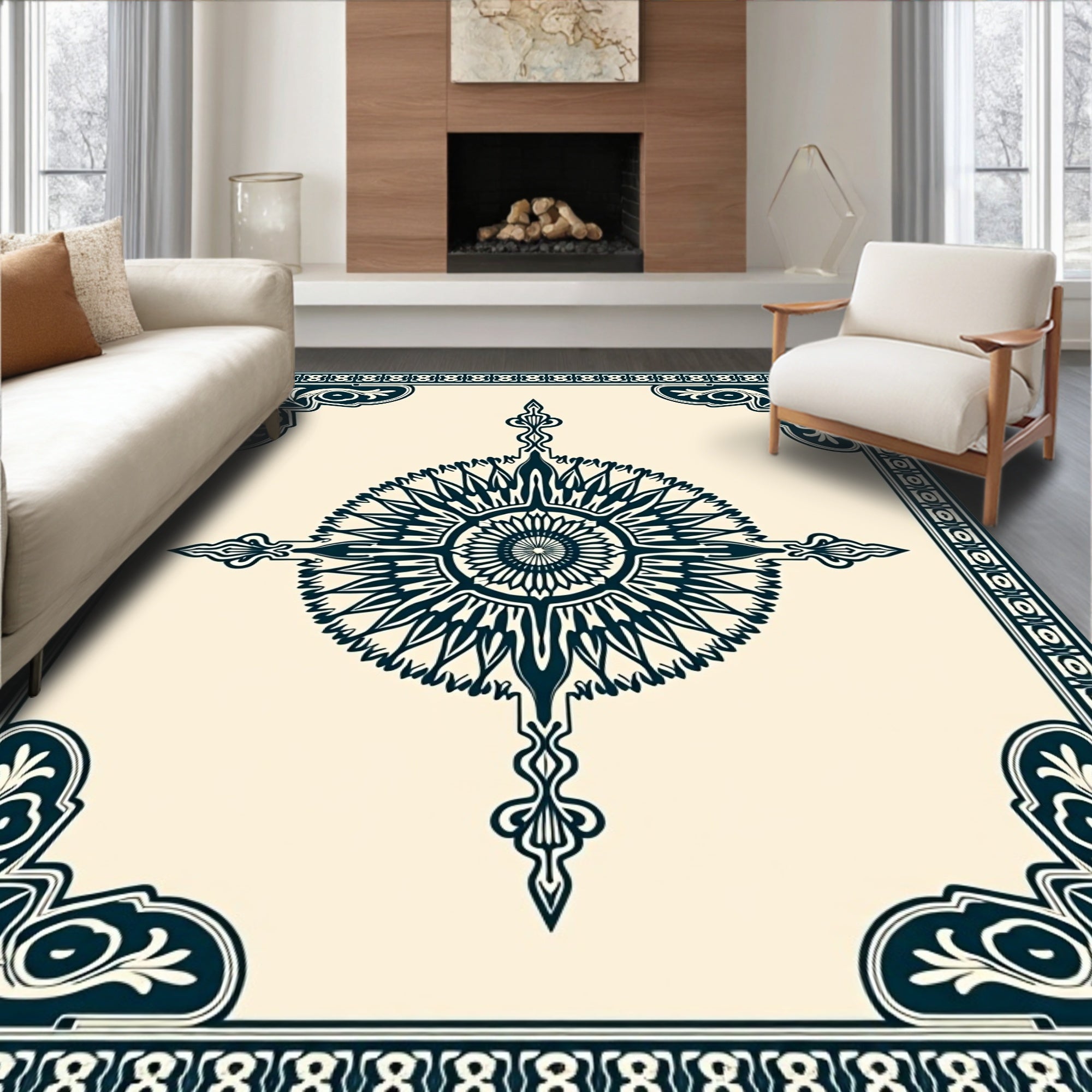 Navy Sunburst Floral Mandala Corner Rug