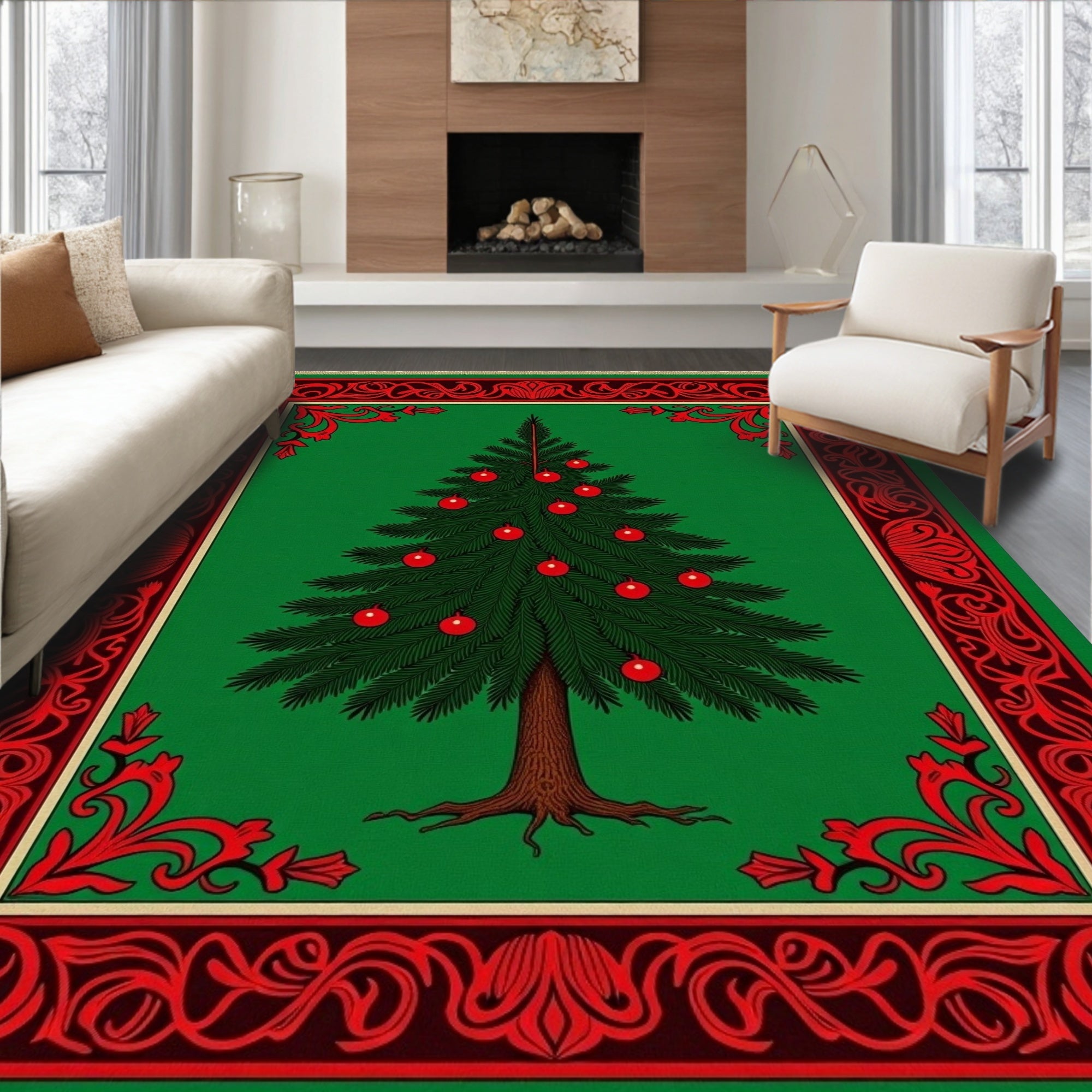 Classic Green Christmas Tree Ornate Rug