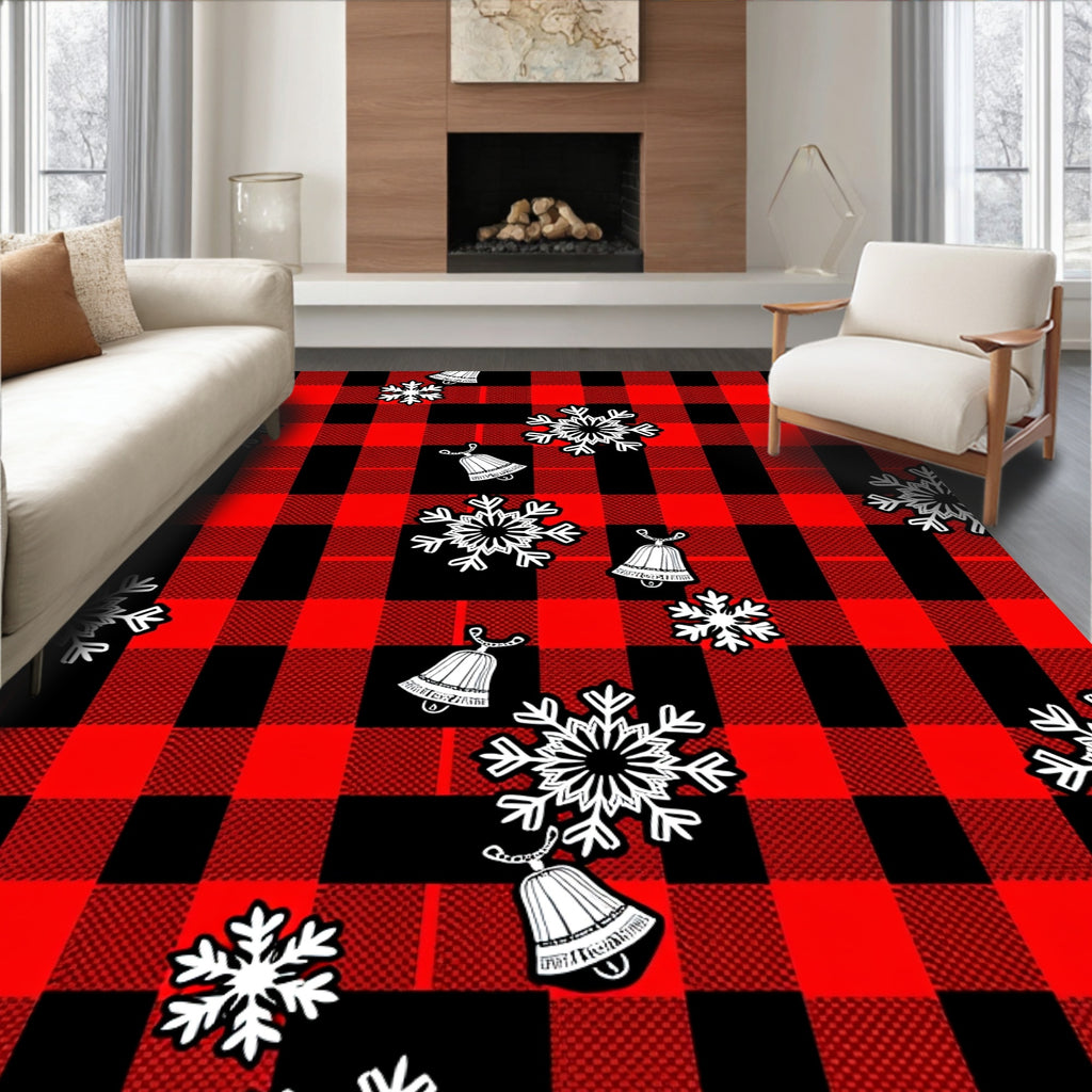Red Black Buffalo Check Snowflakes Bells Rug