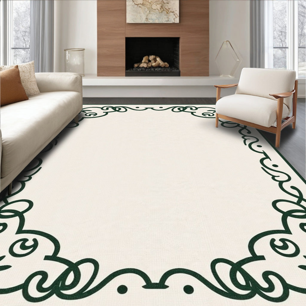 Dark Green Ornate Scroll Border Rug