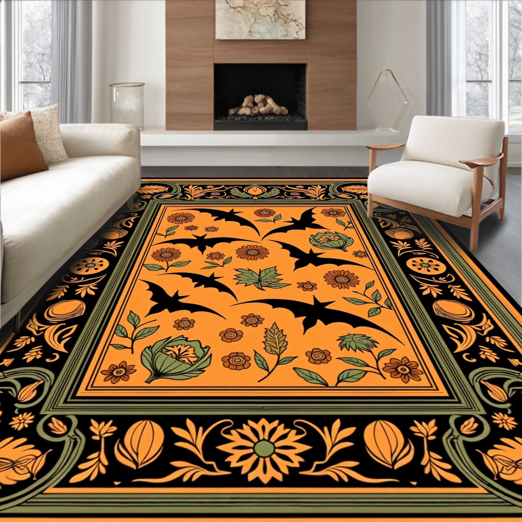 Orange Bat Floral Border Rug