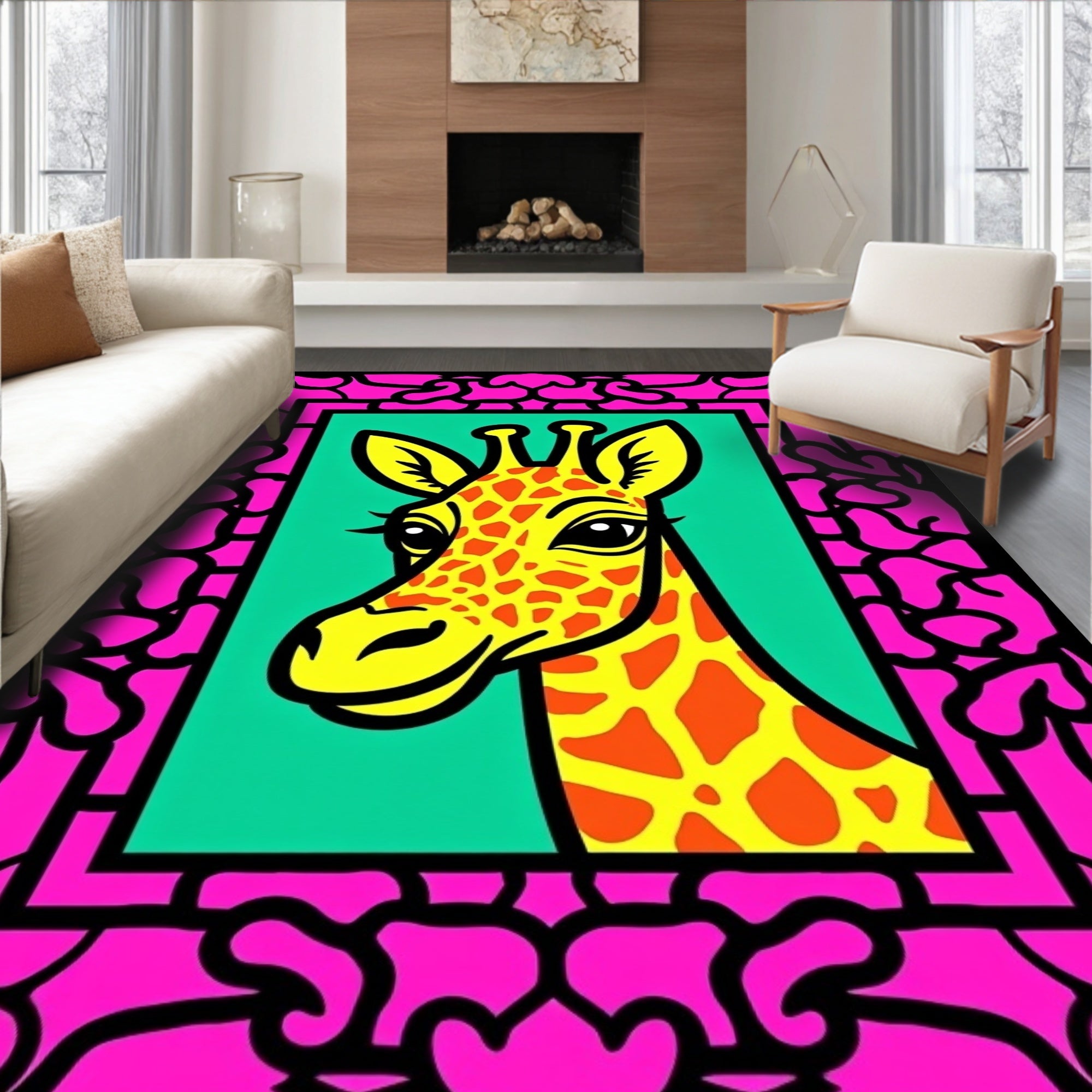 Vibrant Giraffe Portrait Pink Frame Rug