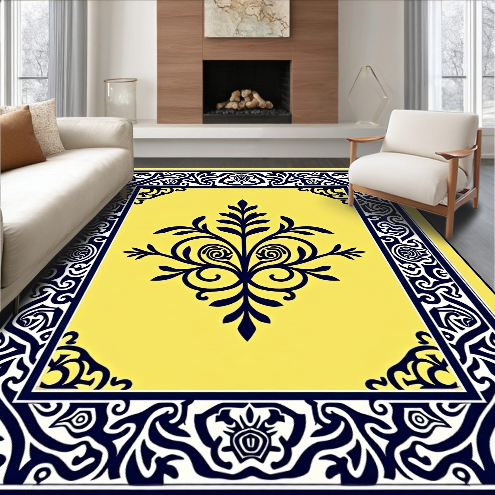 Vibrant Yellow Dark Blue Floral Frame Rug