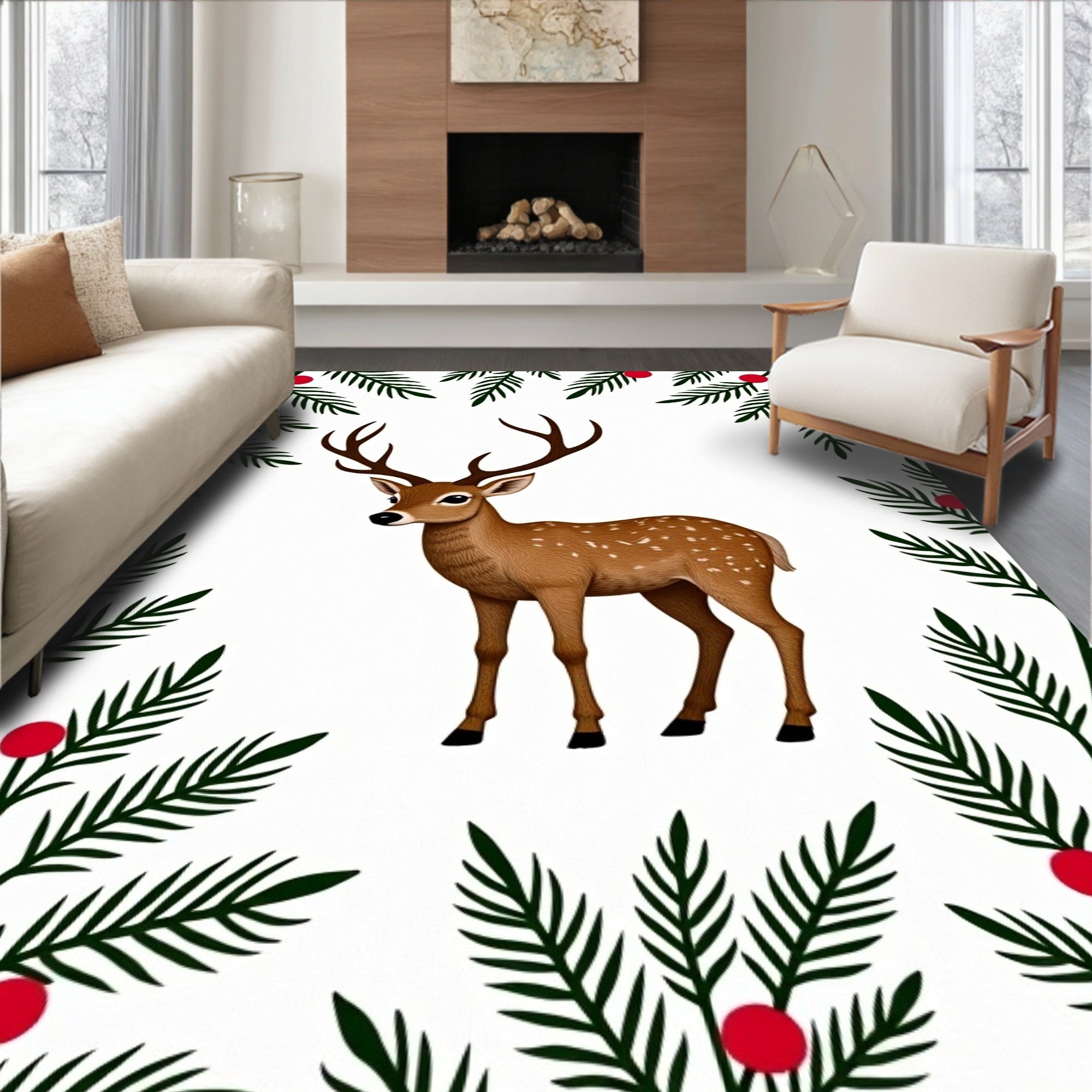 Whimsical Deer and Holly Frame Rug